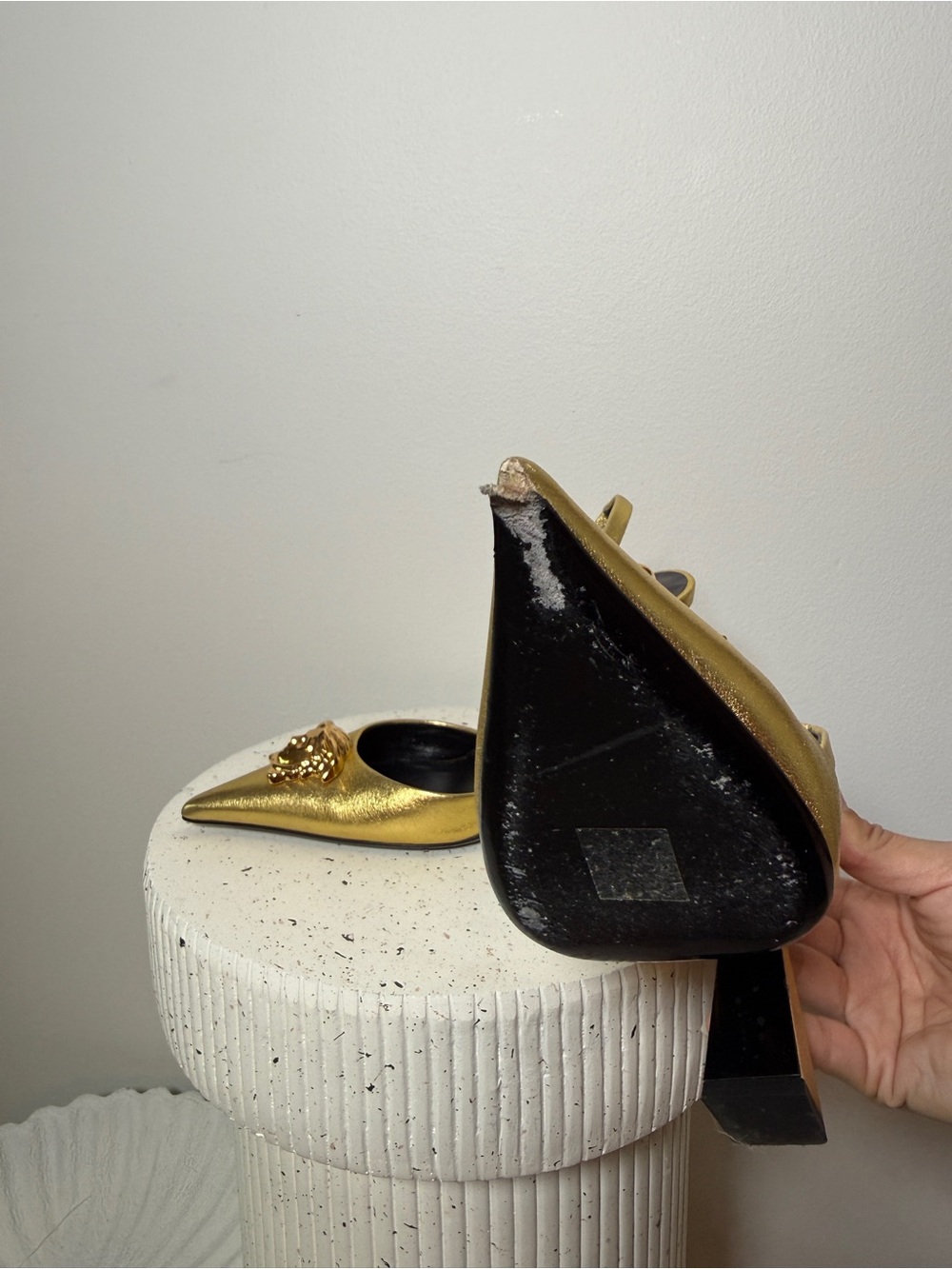 Versace Metallic Gold Pointed Slingback Heels with Medusa Detail: size 38.5 - Picture 6 of 8